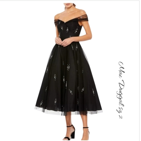 Mac Duggal Dresses & Skirts - NWT Mac Duggal Black Embellised Tull Off The Shoulder Midi Dress Sz 2